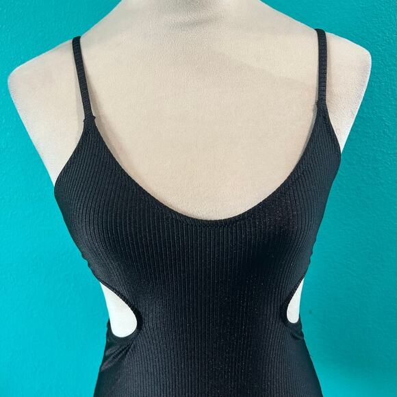 NWT Aerie Shine Rib Voop Cheeky One Piece Swimsuit True Black Beach Surf Size S - Picture 4 of 7